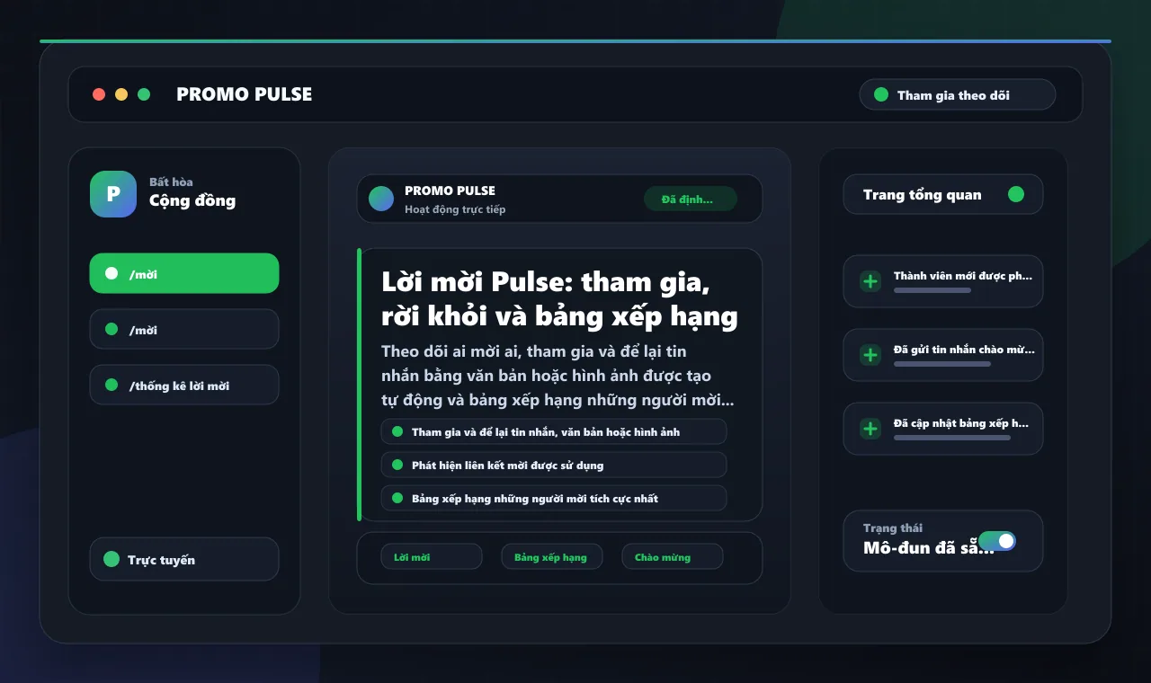 Lời mời Pulse: tham gia, rời khỏi và bảng xếp hạng